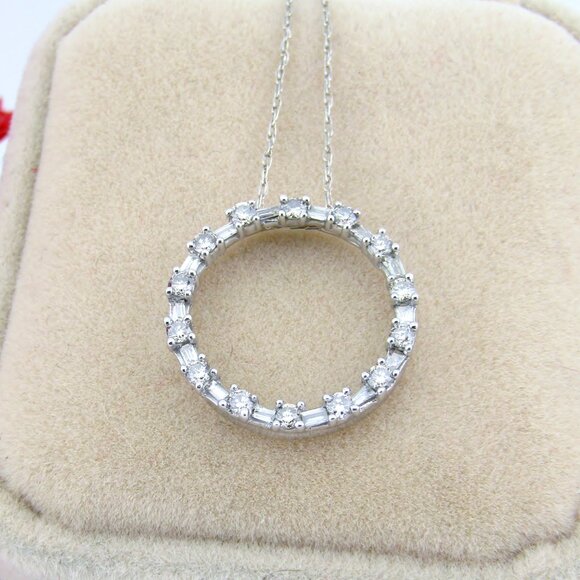 Round & Baguette Diamond Circle Pendant Necklace Solid 10k White Gold Natural - Picture 2 of 6